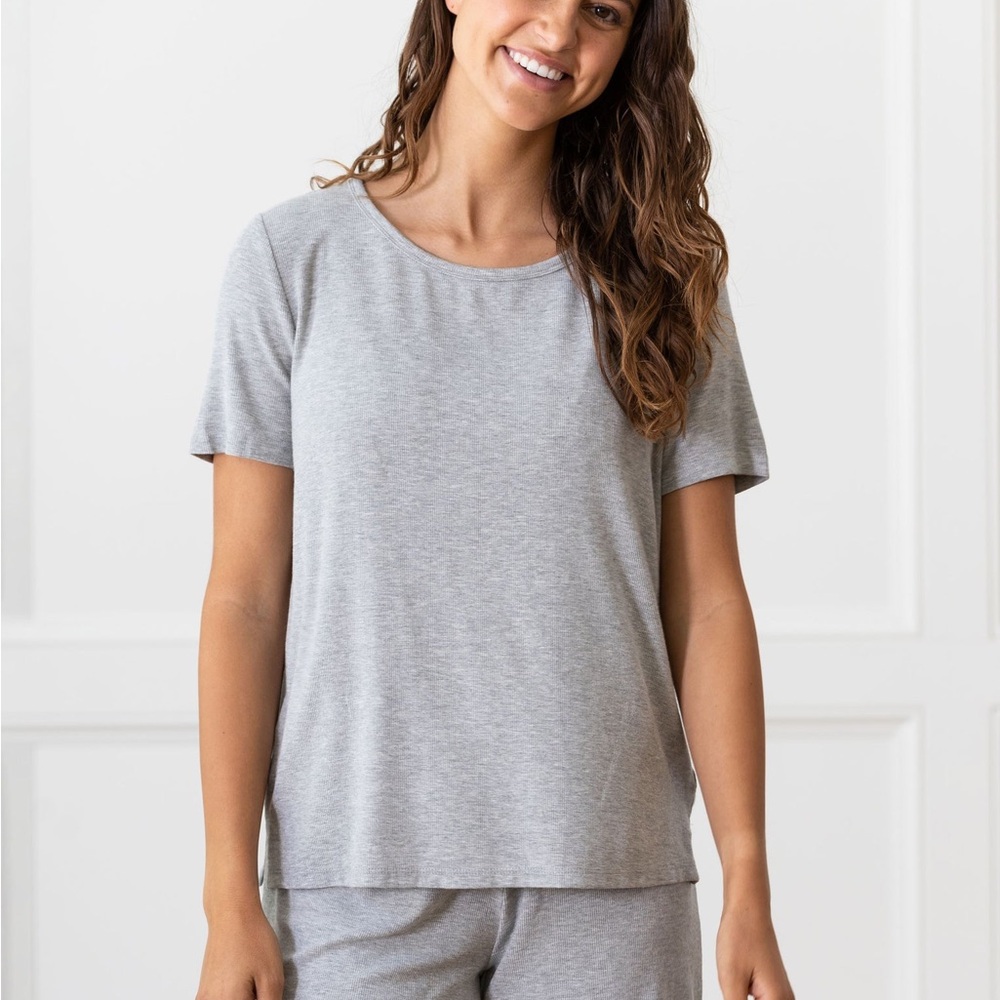 New Cozy Earth women’s bamboo rib knit short sleeve lounge top S gray grey small